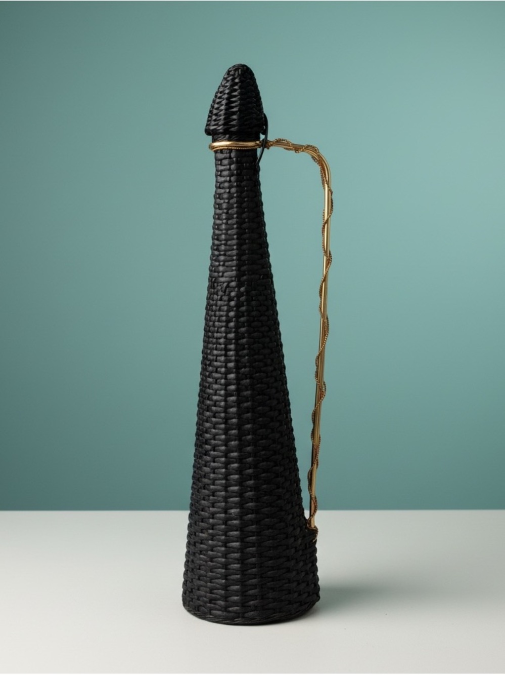 Vintage Mid Century Scoubidou Woven Bottle Carafe Spain Black Gold 16"